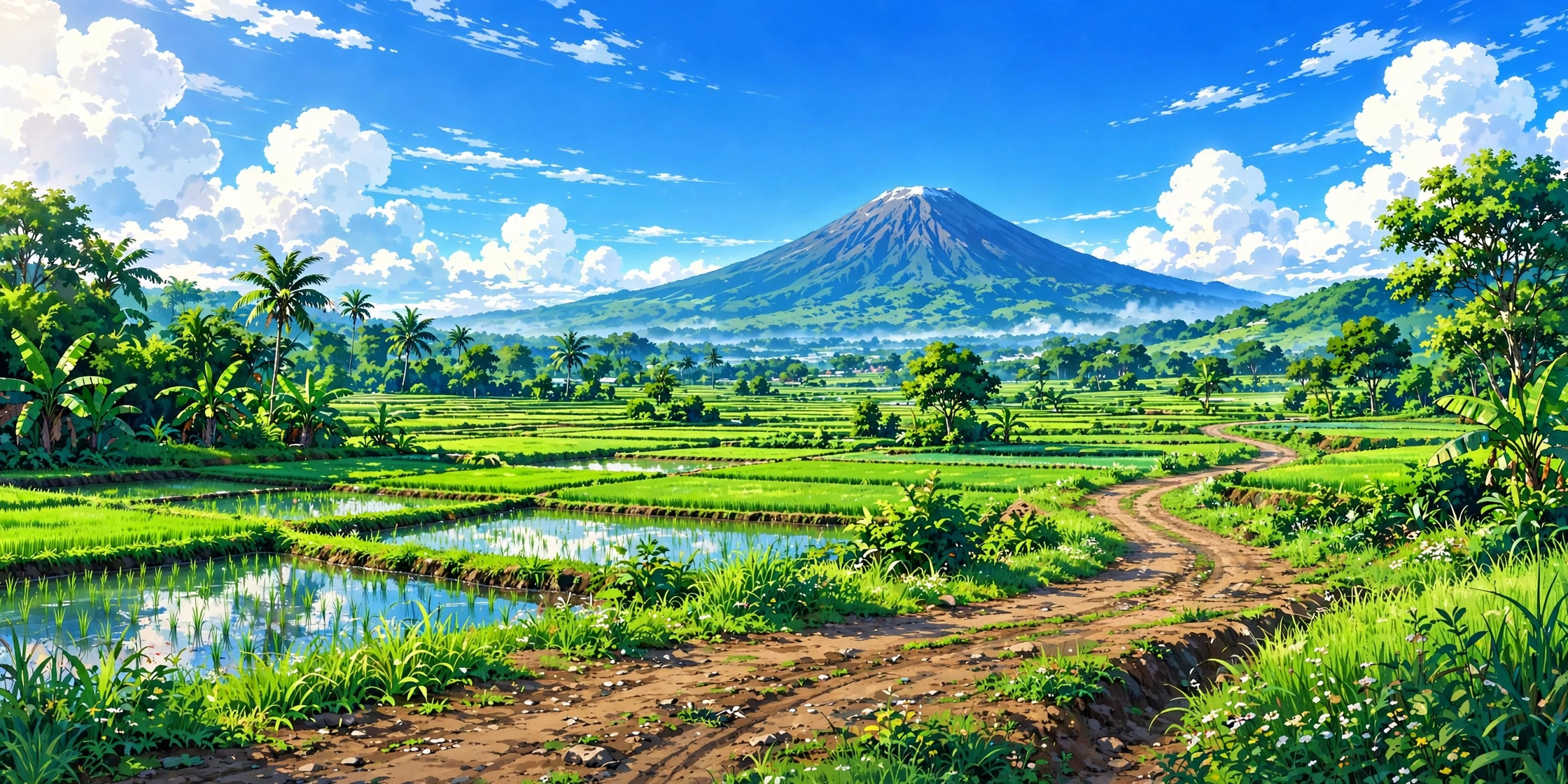 Ilustrasi panorama sawah hijau, gunung, dan jalan tanah di bawah langit biru cerah
